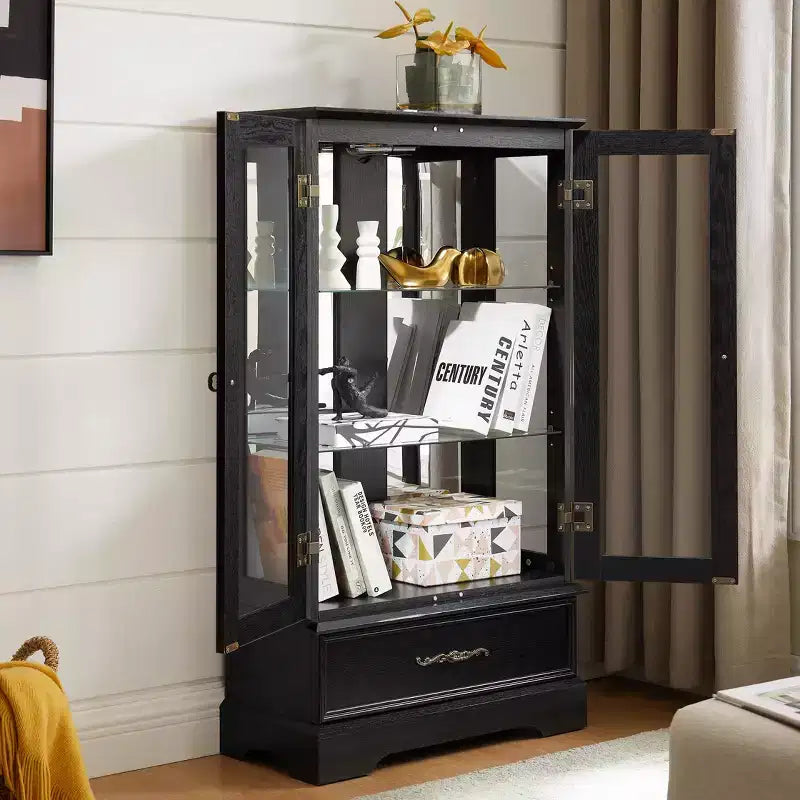 Lighted Glass Curio Cabinet with Adjustable Shelves - Elegant 2-Door Display Cabinet & Built-in Drawer, Includes Bulb – Image 13