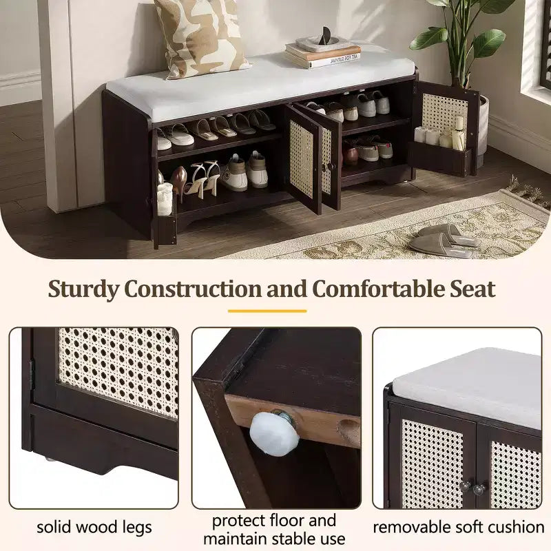 Whisen Rustic Wood Storage Bench, Entryway Shoe Bench with Removable Cushion, Adjustable Shelves – Image 38
