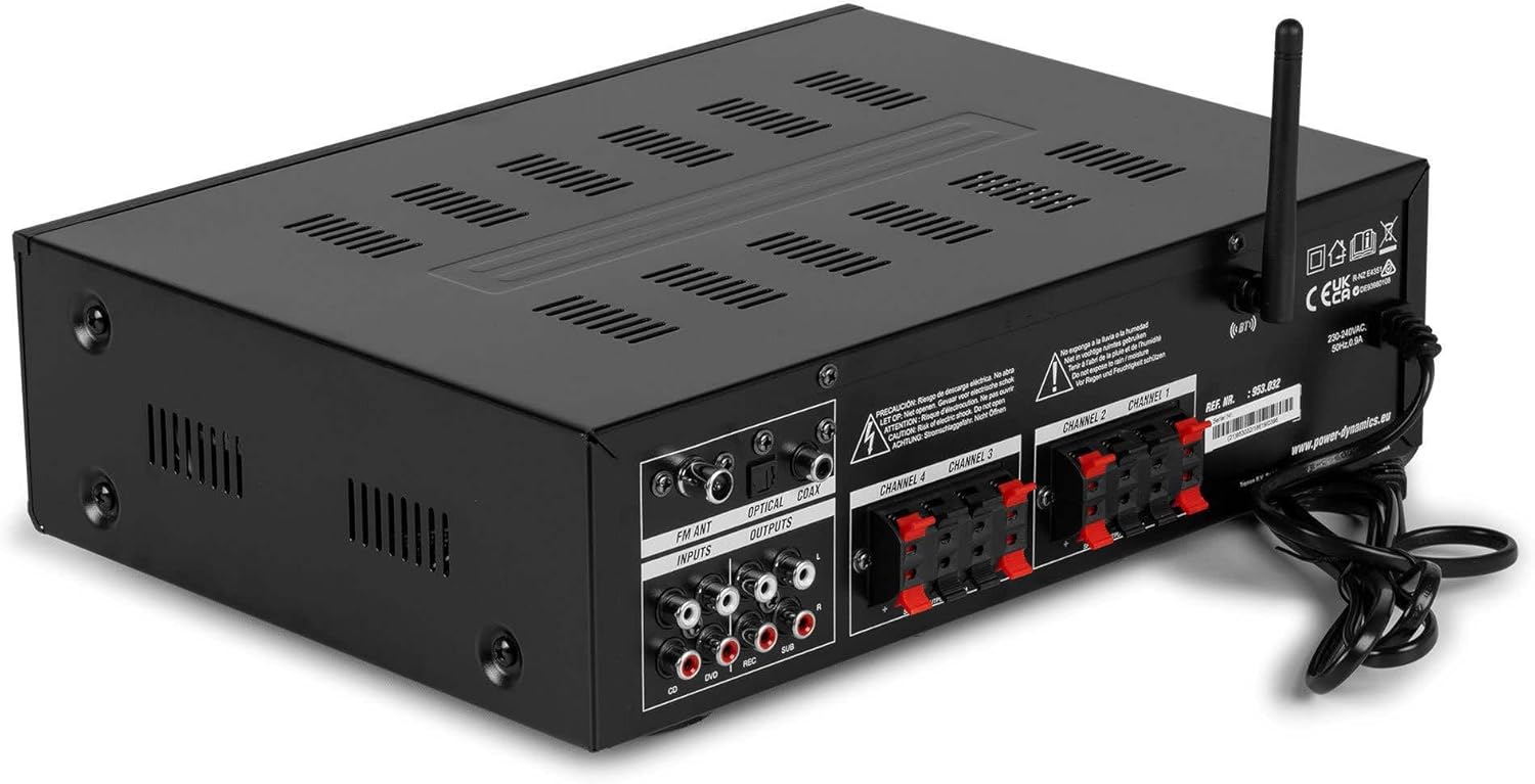 Power Dynamics Pack Sonorisation 4 Zones 400 Watts Bluetooth avec 8 Enceintes Noires, Lecteur MP3 USB/SD, Radio FM, Entrées Micro, Télécommande - Kit Complet pour Multi-Pièces, Restauration – Image 8