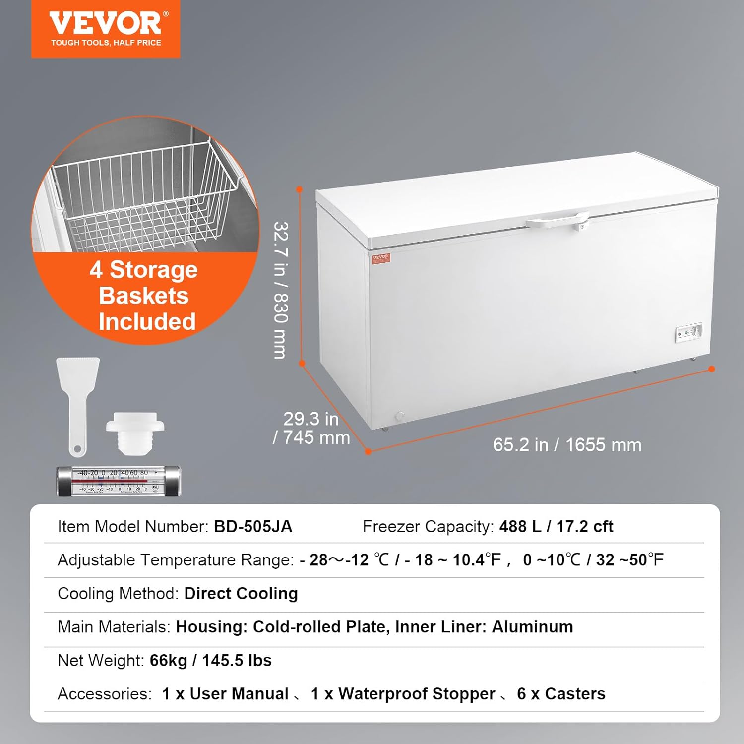 VEVOR Congélateur Coffre 488 L, Grand Surgélateur Autoportant avec 4 Paniers Amovibles, Porte Ouverte sur le Dessus avec Couvercle Verrouillable, Température Réglable sur 7 Niveaux, Éclairage LED – Image 7