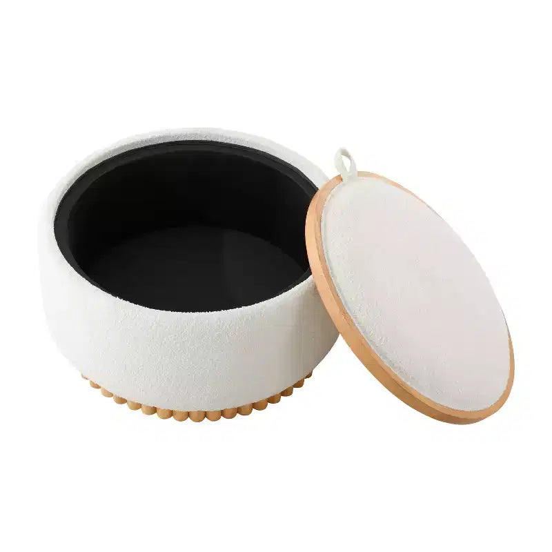 Polibi Round Storage Ottoman with Solid Wood Cylinder Base & Reversible Lid – Image 6