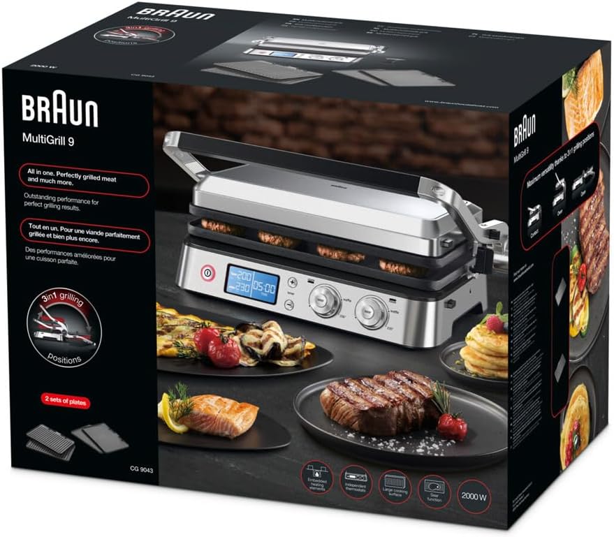 Braun MultiGrill 9 CG 9043, Appareil Panini Électrique avec Plaques de Grillage et de Cuisson, 2 Thermostats Indépendants, 3 Positions de Cuisson, Plaques Lavables au Lave-Vaisselle, 2000W, Noir/Inox – Image 10