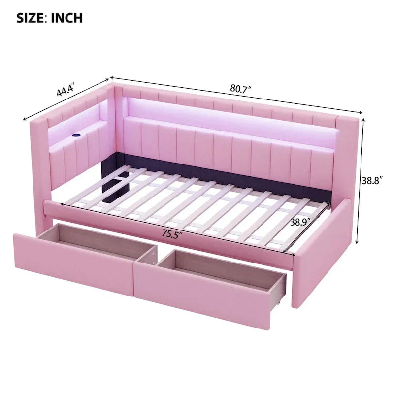 Upholstered Platform Bed with USB Ports & LED Lighting - Full/Twin Size Bed Frame with 2 Storage Drawers - Modern Bedroom – Image 21