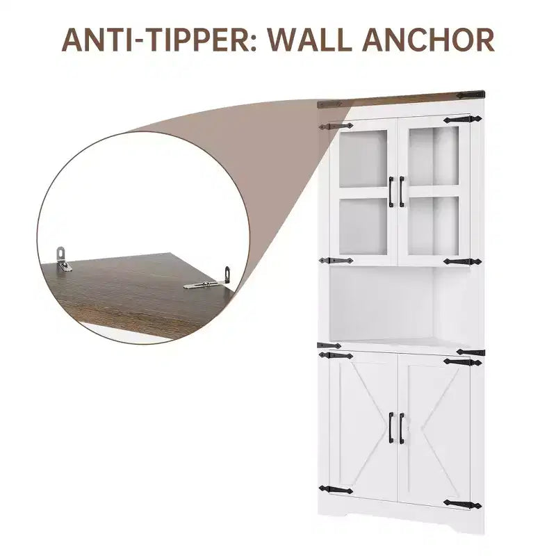 67 in Tall Corner Storage Cabinet with Lights, Farmhouse Corner Hutch Display Cabinet with Glass Doors, Wooden Storage Organizer for Kitchen, Bathroom – Image 22