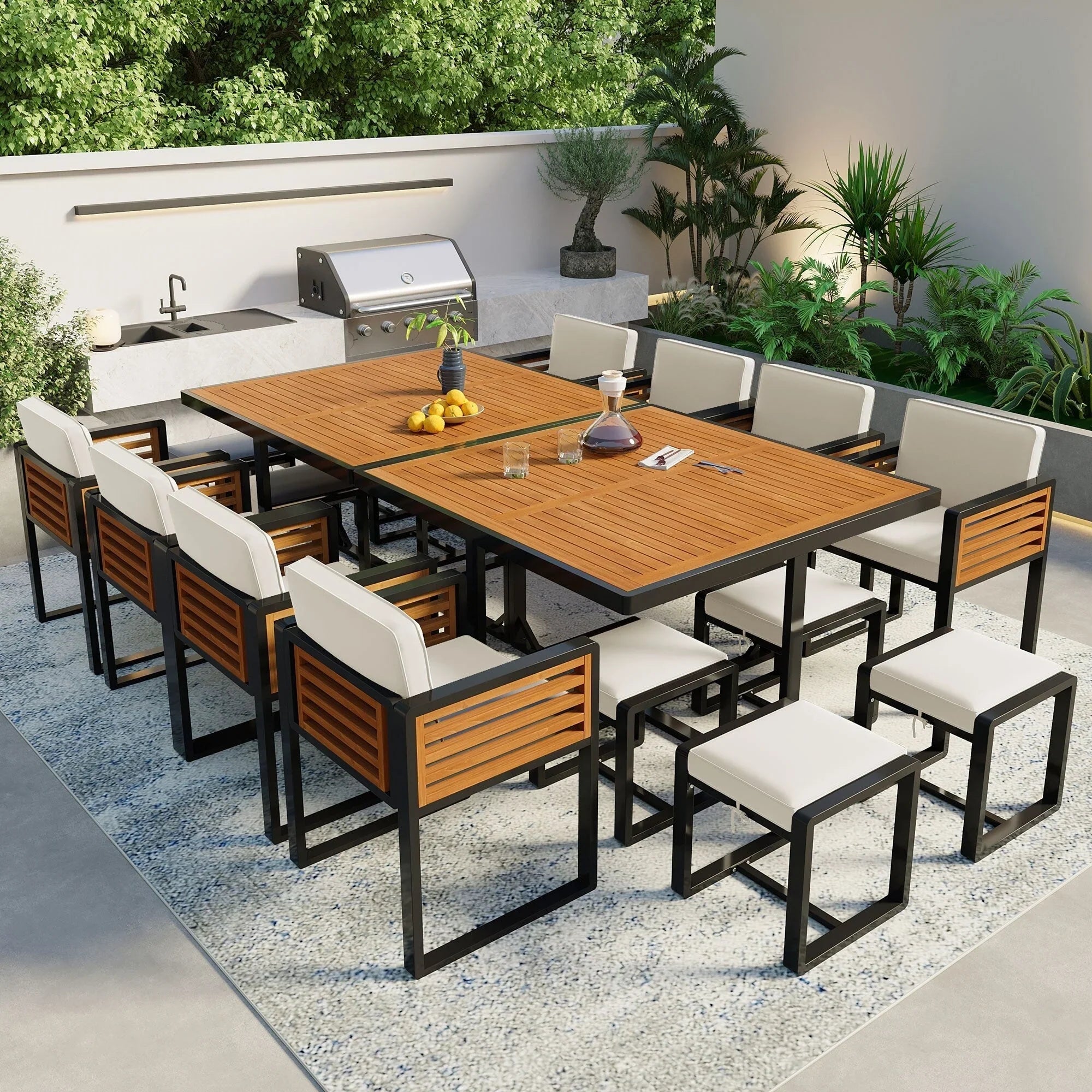 18-Pieces Acacia Wood Patio Dining Set, 8 Cushioned Chairs & 8 Ottomans & 2 Square Table – Image 3