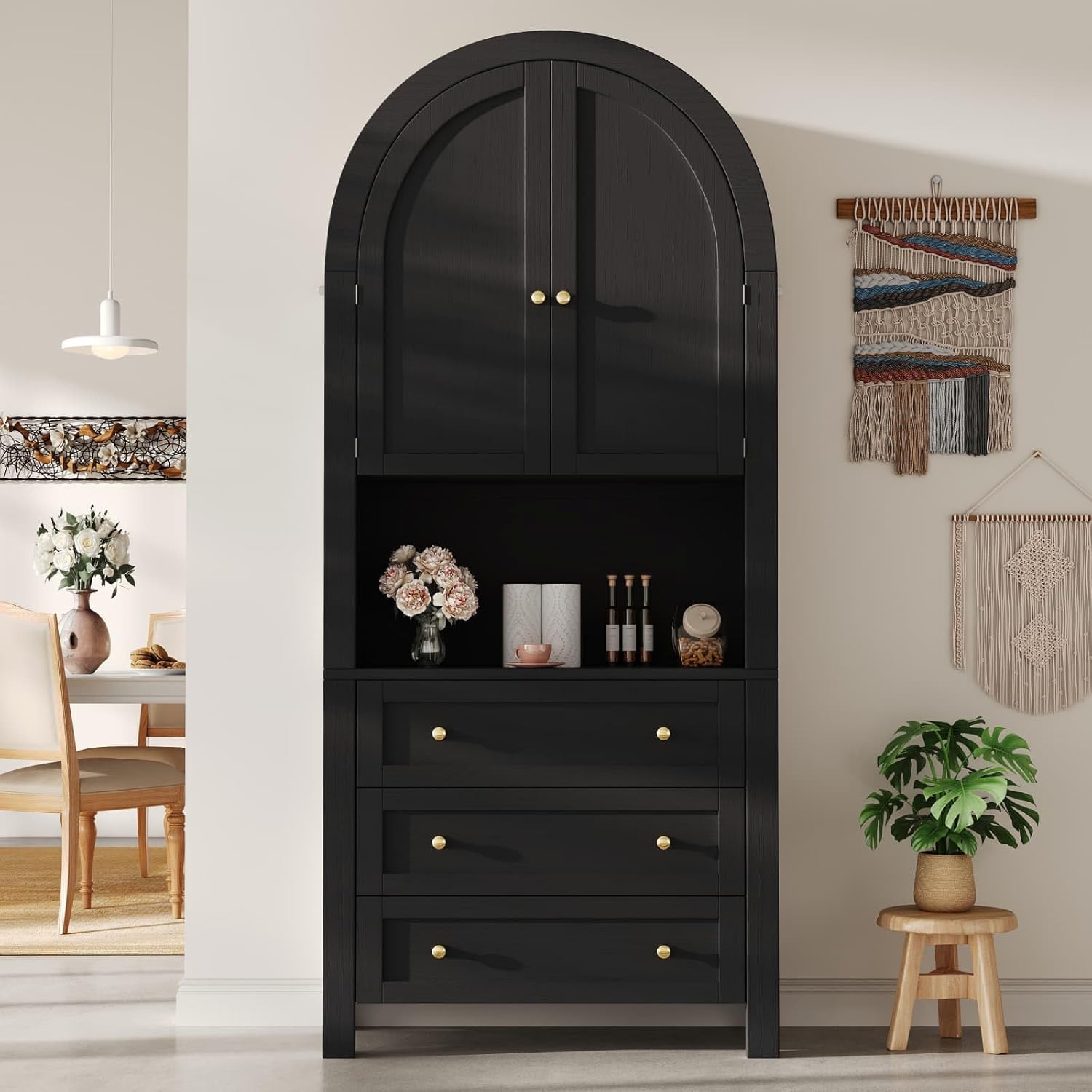 KOMHTOM Armoire de Rangement Haute, Armoire en Bois, Meuble de Rangement, Conception avec Dessus Incurvé, 3 Tiroirs, 2 Portes, pour Cuisine et Salon Noir