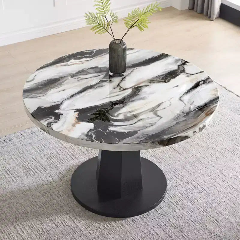 Roundhill Furniture Cavira Modern Faux Marble Dining Table with Wood Pedestal Base – Image 6