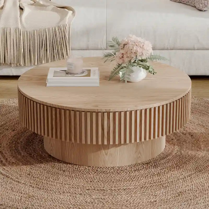 Modern Solid Wood Veneered Round Coffee Tea Table with Storage – Image 13