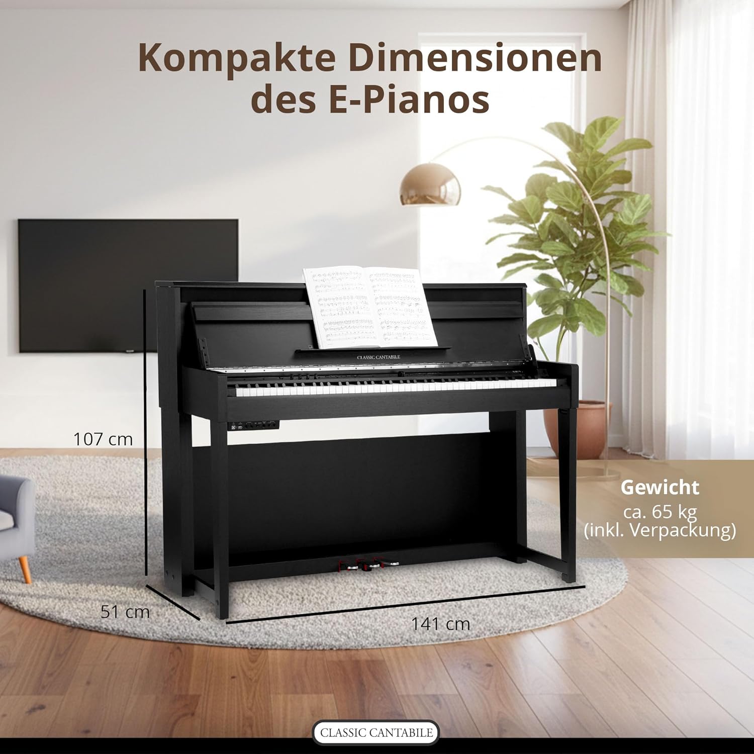 Classic Cantabile UP-1 SM Piano Droit Numérique - 88 Touches Clavier électronique à marteaux - Synthetiseur avec USB, MIDI, 40 voix, 256 polyphonie - Set avec Banc et Casque - Noir Mat – Image 7