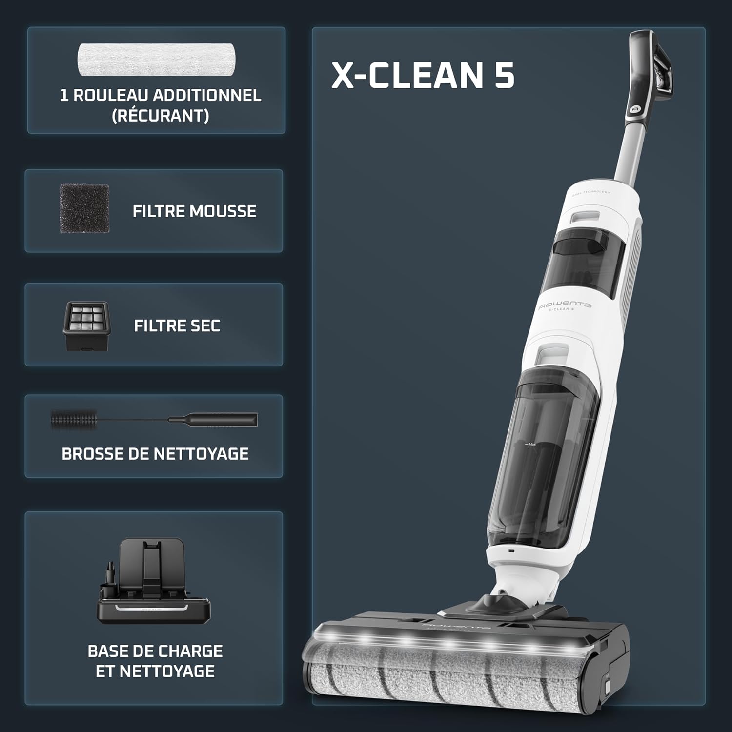 Rowenta X-Clean5, Aspirateur Laveur sans Fil, Nettoyage 2-en-1, Mode de détection Auto, Éclairage LED, Auto-Nettoyage, Séchage air Chaud, GZ5557EE, Blanc/Noir – Image 7