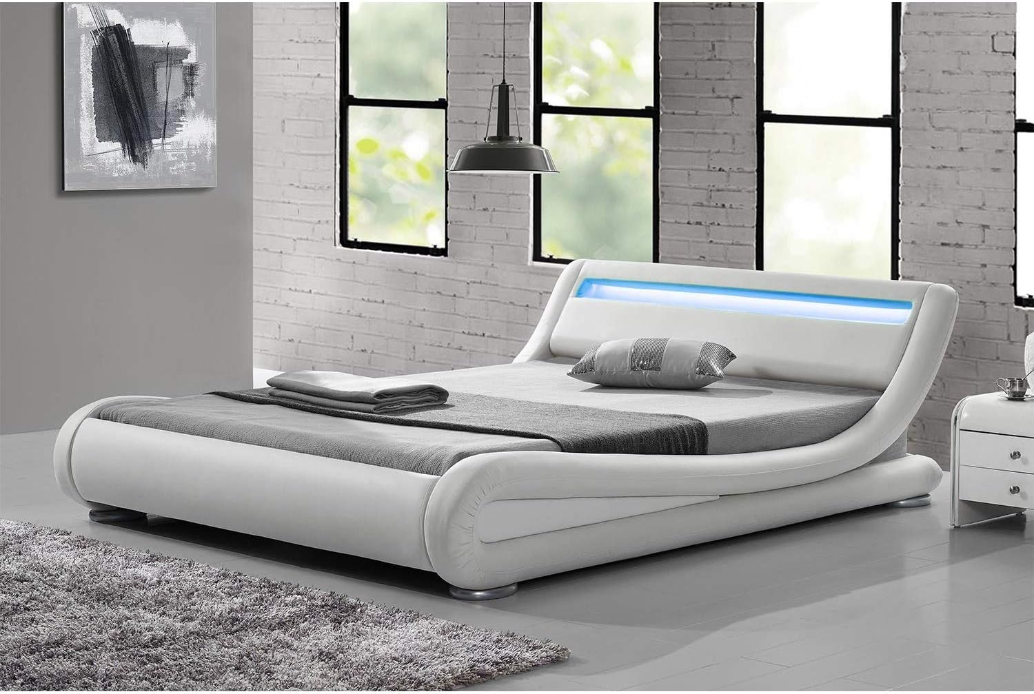 CONCEPT USINE Lit Double Seattle 140x190 cm avec LED Design Moderne en Simili Blanc Tête de Lit Lumineuse Télécommande LED 4 Couleurs Incluse Structure Plywood Solide et Sommier 2 Places – Image 6