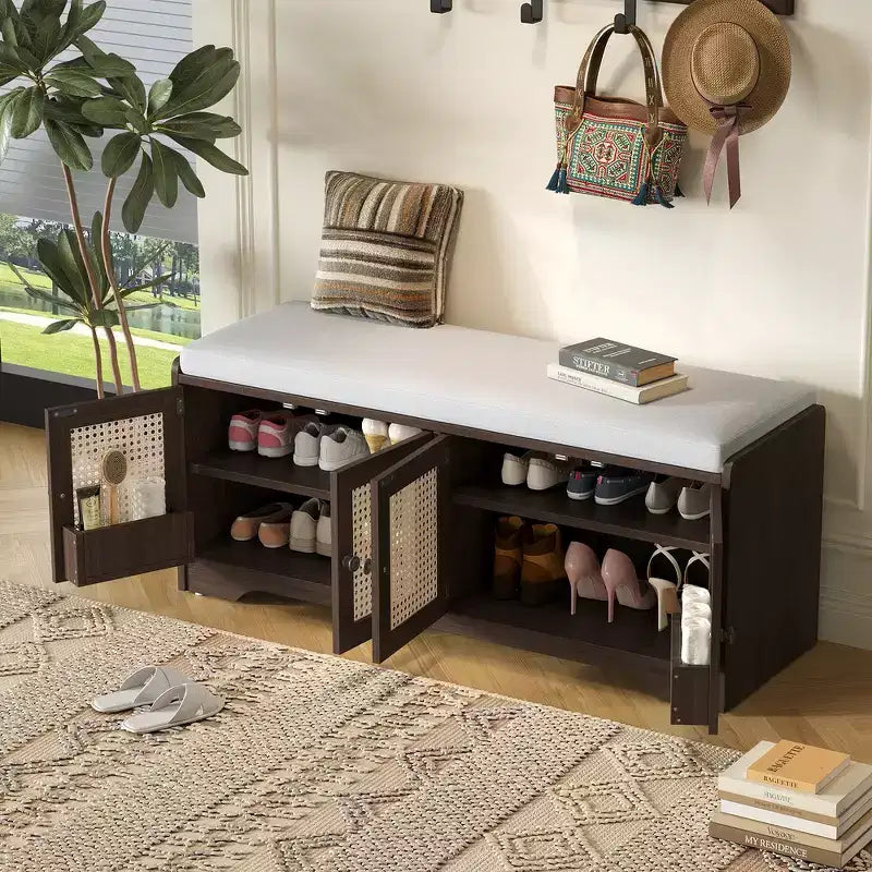 Whisen Rustic Wood Storage Bench, Entryway Shoe Bench with Removable Cushion, Adjustable Shelves – Image 35