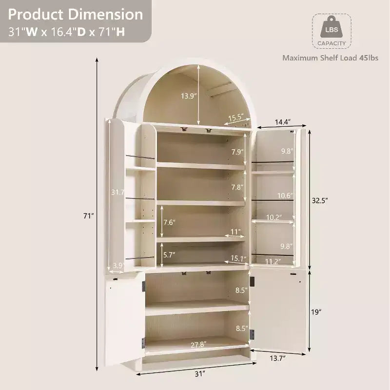 71 Tall Arched Kitchen Pantry, Modern Storage Cabinet with 3 Adjustable Shelves, 6 Door Shelves, for Kitchen, Living Room – Image 3