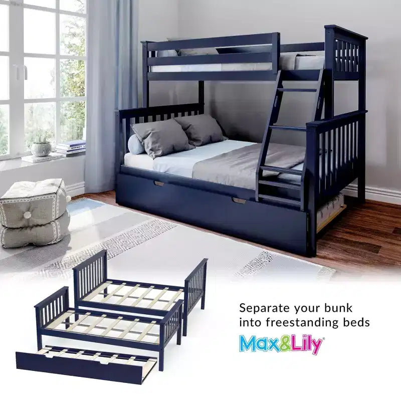 Max & Lily Solid Wood Bunk Bed, Twin over Full with Storage Trundle and Ladder for Kids – Image 9