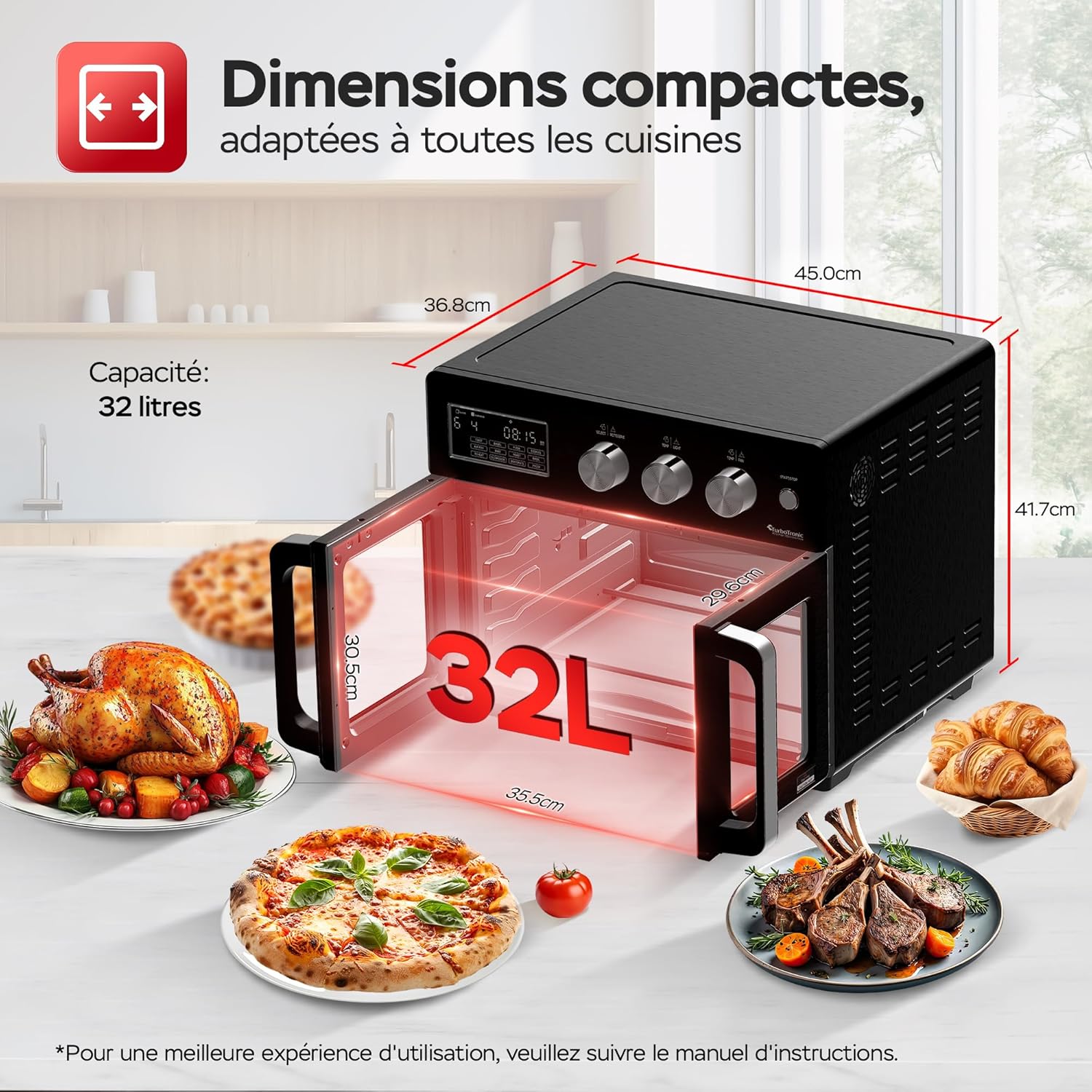 TurboTronic Mini four, four à air chaud 4 en 1 et friteuse à air chaud, version XXL 32 L, y compris tournebroche et de nombreux accessoires, plaque de cuisson, déshydrateur à partir de 25 °C & grill – Image 2