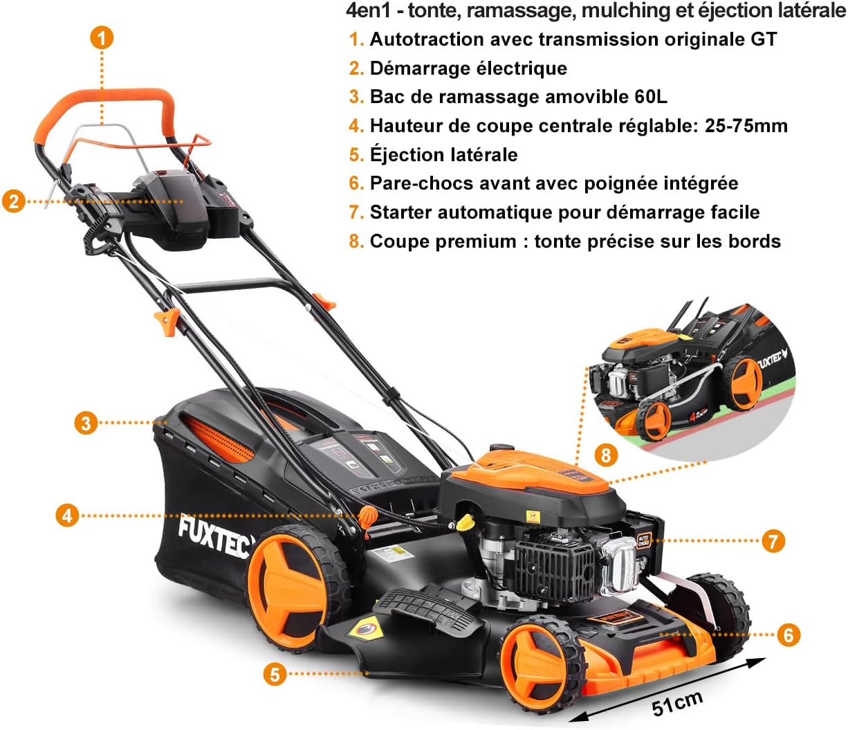 FUXTEC 4en1 Tondeuse Thermique Démarrage Électrique FX-RM5196eS - Largeur de Coupe 51cm, Système autotracté, Fonction Mulching, Réglage Central de la Hauteur de Coupe, 60L Bac de ramassage – Image 8