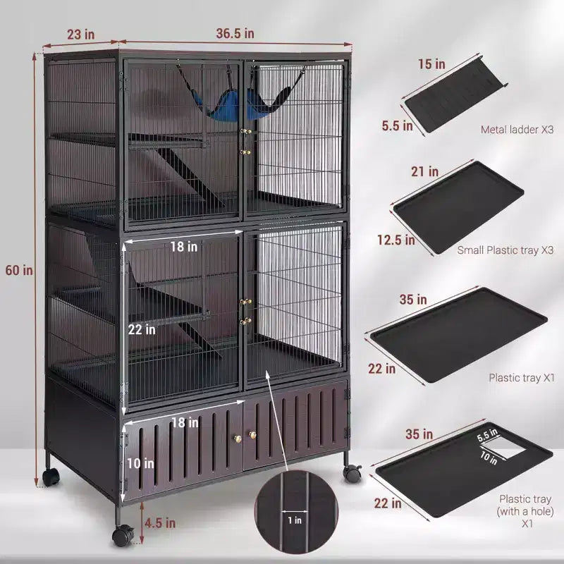 Small Animal Cage, Ferret Cage - 59'' 5-Tier Habitat with Storage Cabinet, Includes Hammock/Wheels/Removable Ramps/Easy-Clean Trays – Image 3