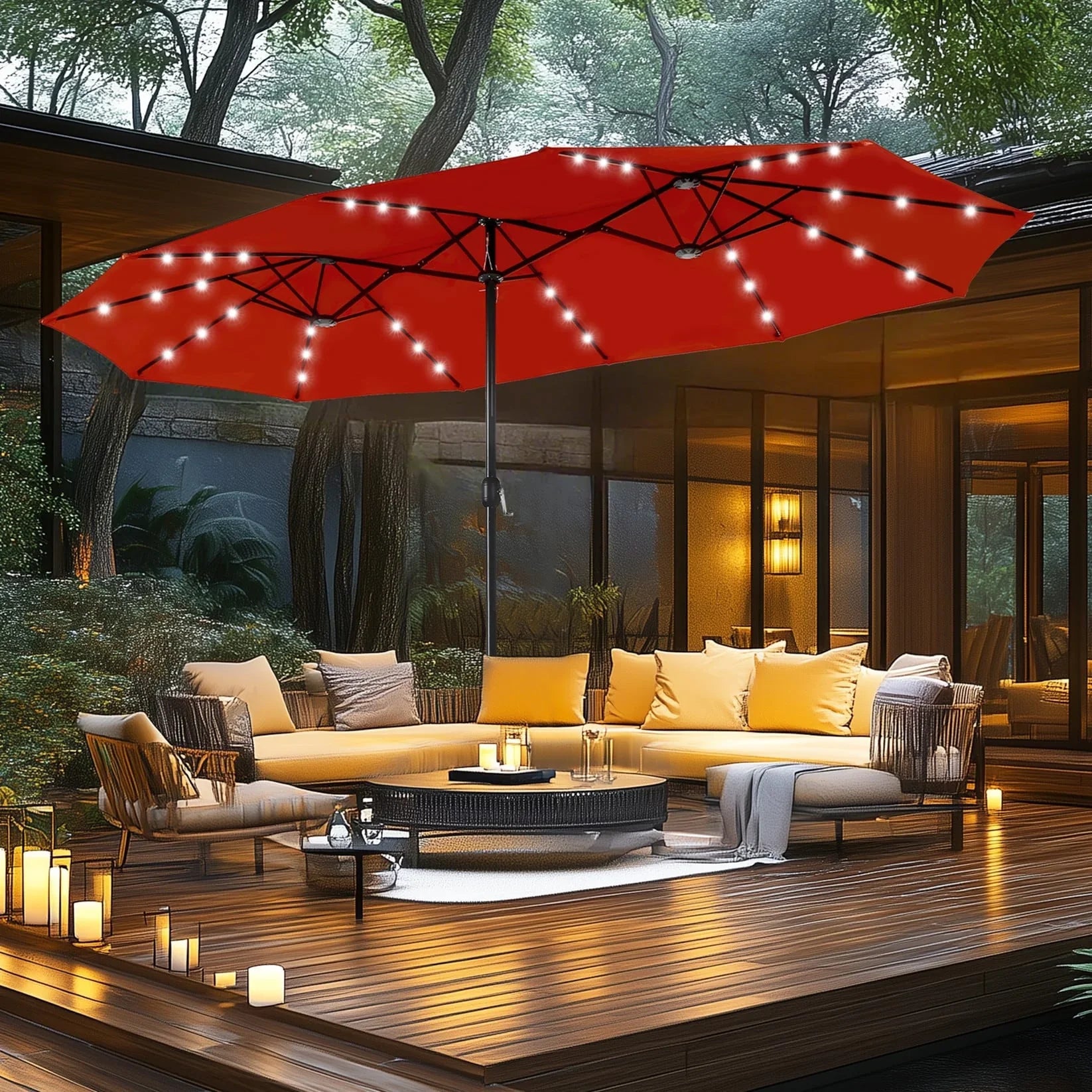 MAISON ARTS 15-foot Rectangular Crank Double-sided Outdoor Market Umbrella Solar LED Lighted Patio Umbrella with Base Included