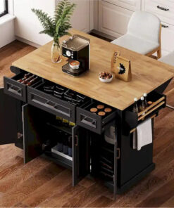 54  Large Kitchen Island with Rubber Wood Drop Leaf, Embossed Texture Rolling Kitchen Cart on 4 Wheels with 4 Doors & 3 Drawers