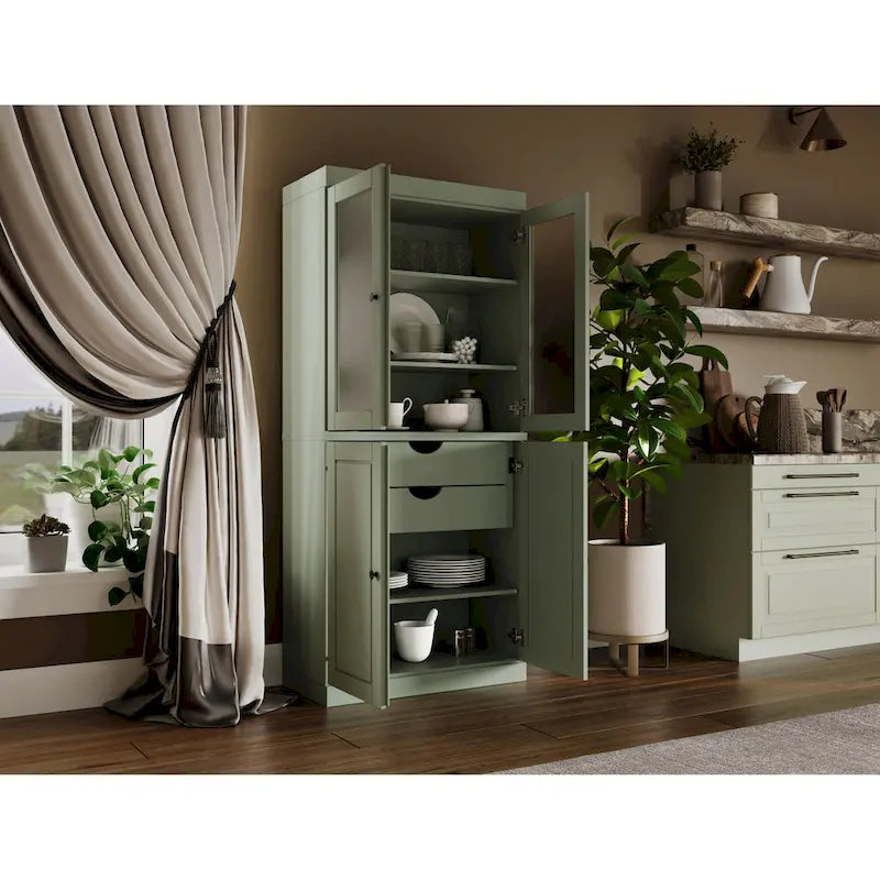 100% Solid Wood Pantry Cabinet with Frosted Glass Doors, Solid Doors, 2-Drawers and Adjustable Shelves – Image 20