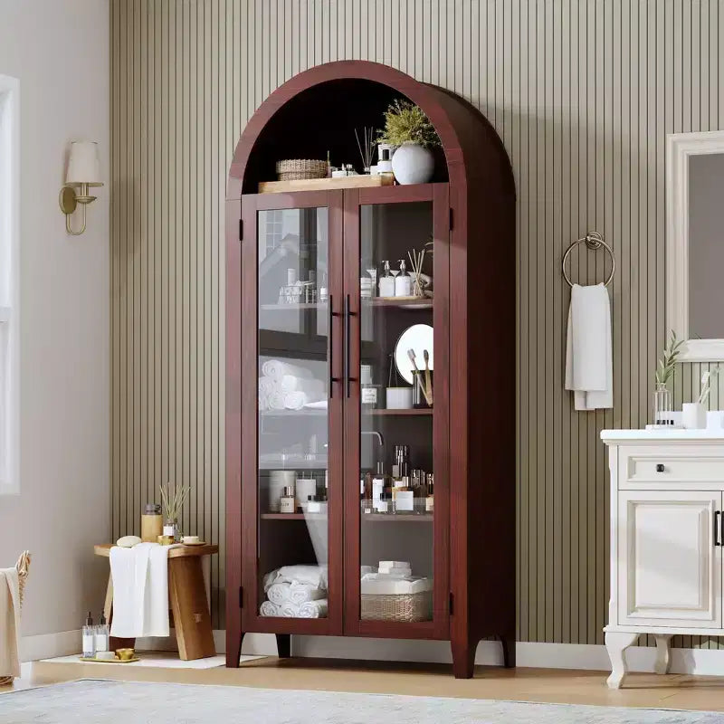Tall Arched Storage Cabinet with Glass Doors, 5-Tier Display Bookcase with Adjustable Shelves for Kitchen or Living Room – Image 3
