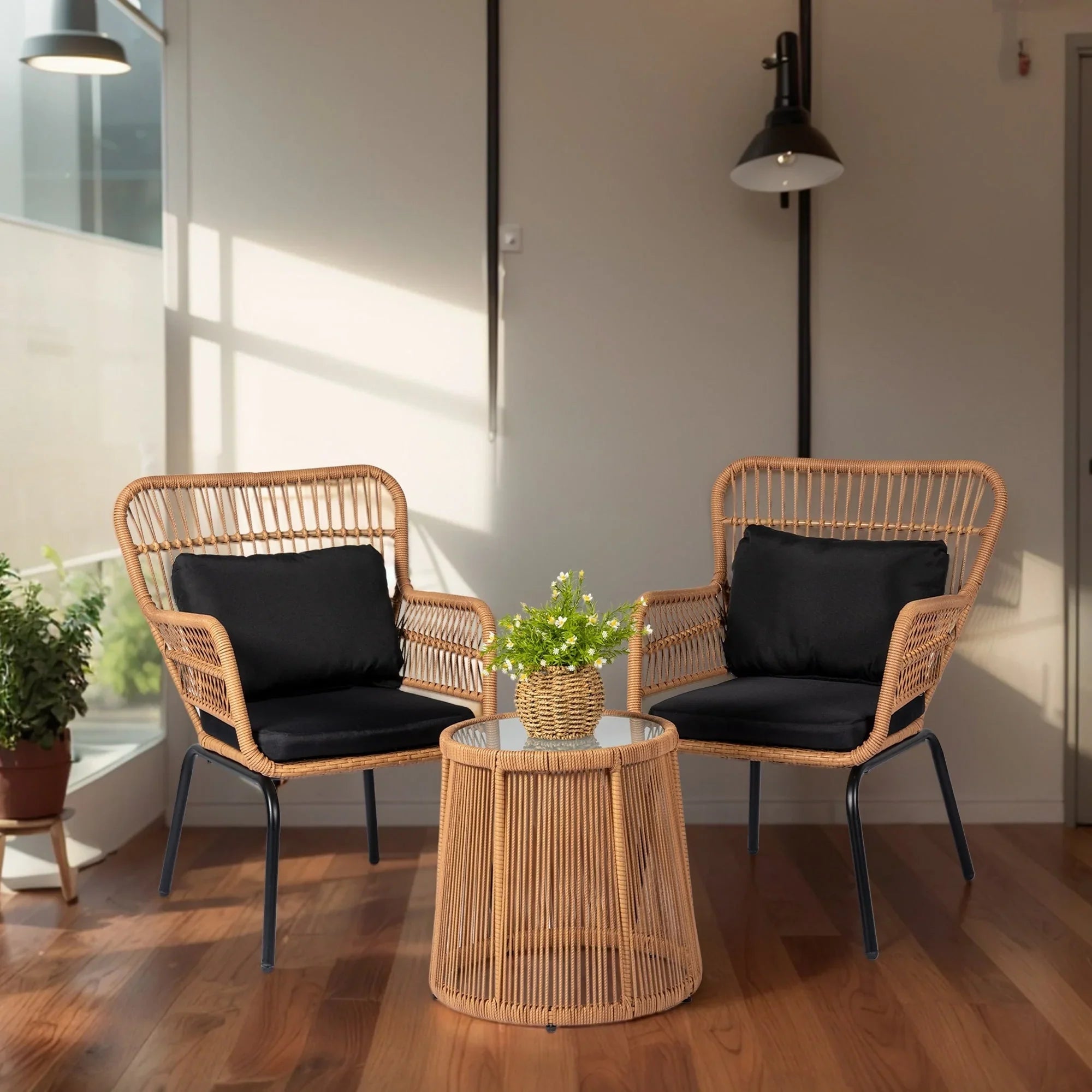 3 Piece Outdoor Wicker Conversation Bistro Set, All-Weather Rattan Furniture Patio Chairs Set with Cushions – Image 40