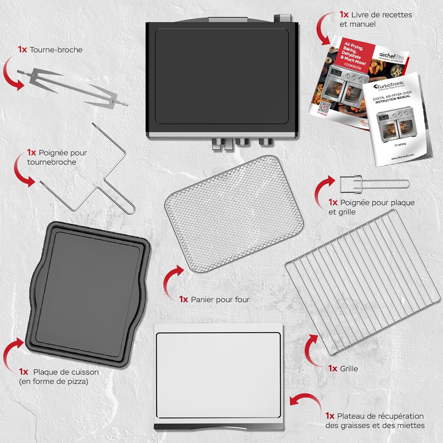 TurboTronic Mini four, four à air chaud 4 en 1 et friteuse à air chaud, version XXL 32 L, y compris tournebroche et de nombreux accessoires, plaque de cuisson, déshydrateur à partir de 25 °C & grill – Image 8