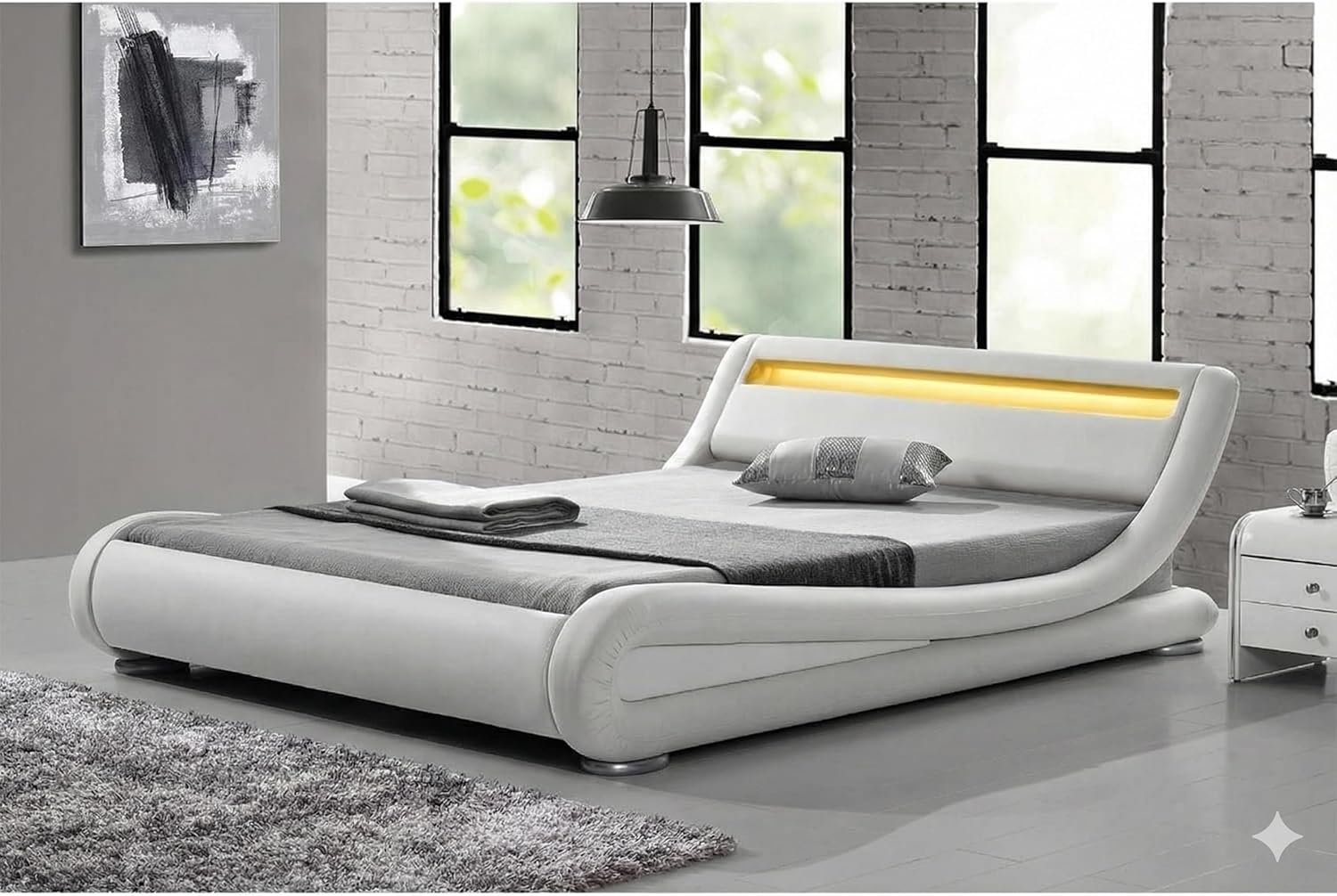 CONCEPT USINE Lit Double Seattle 140x190 cm avec LED Design Moderne en Simili Blanc Tête de Lit Lumineuse Télécommande LED 4 Couleurs Incluse Structure Plywood Solide et Sommier 2 Places – Image 4