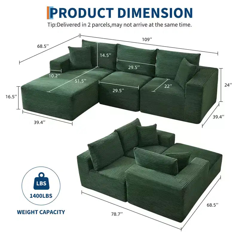 108 Modern Sofa Couch, 3 Seater Upholstered L Shaped Sofa with Pillows, Deep Seat Sofa, No Assembly Required – Image 25