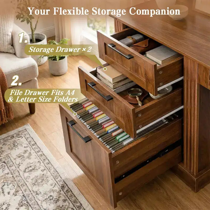 59 Executive Desk with 6 Drawers, Wooden Computer Desk with File Drawer & Charging Station, Home Office Desk Conference Table for Home Office – Image 5
