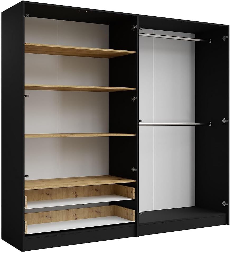 Vente-unique - Armoire 4 Portes et 2 tiroirs - avec Miroir - L220 cm - Coloris : Noir et Naturel - TUNALO – Image 4