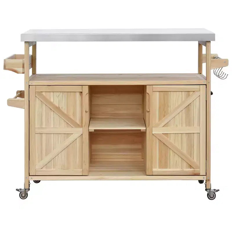 Outdoor Kitchen Island with Stainless Steel Top, Wooden Kitchen Cart with Doors, Shelves and Spice Rack, Rolling Kitchen Island – Image 25