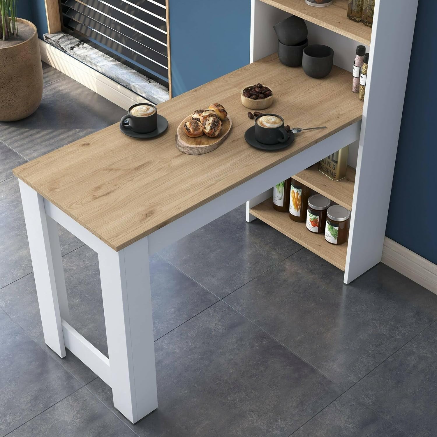 Dmora - Table Fixe Talitha, étagère de Cuisine, Console pour Salle à Manger, étagère rectangulaire Fixe, 120x54h154 cm, Noyer et Blanc – Image 2