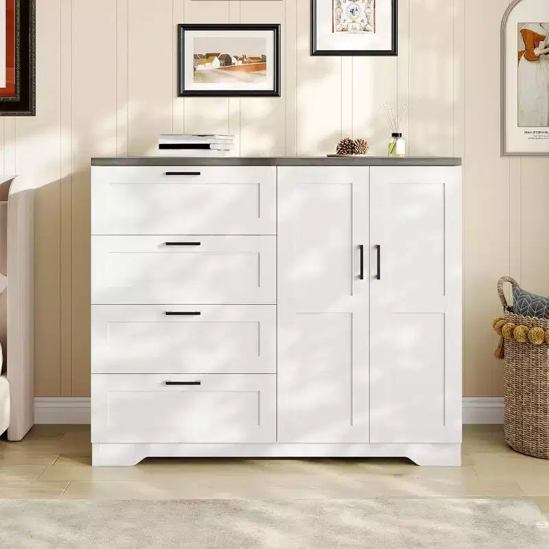 43.3'' H Multifunctional Wooden Dresser, 2 Door Wardrobe Armoire Closet with 4 Drawers and Hanging Rod, Wooden Dresser Cabinet for Bedroom – Image 2