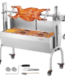VEVOR Barbecue à Charbon avec Tournebroche Électrique 52 W Charge 90 kg, Rôtissoire Barbecue 118,5 cm, en Inox, avec Pare-Brise et Roues Verrouillables, pour Rôtir Agneau Porcelet Poulet Camping