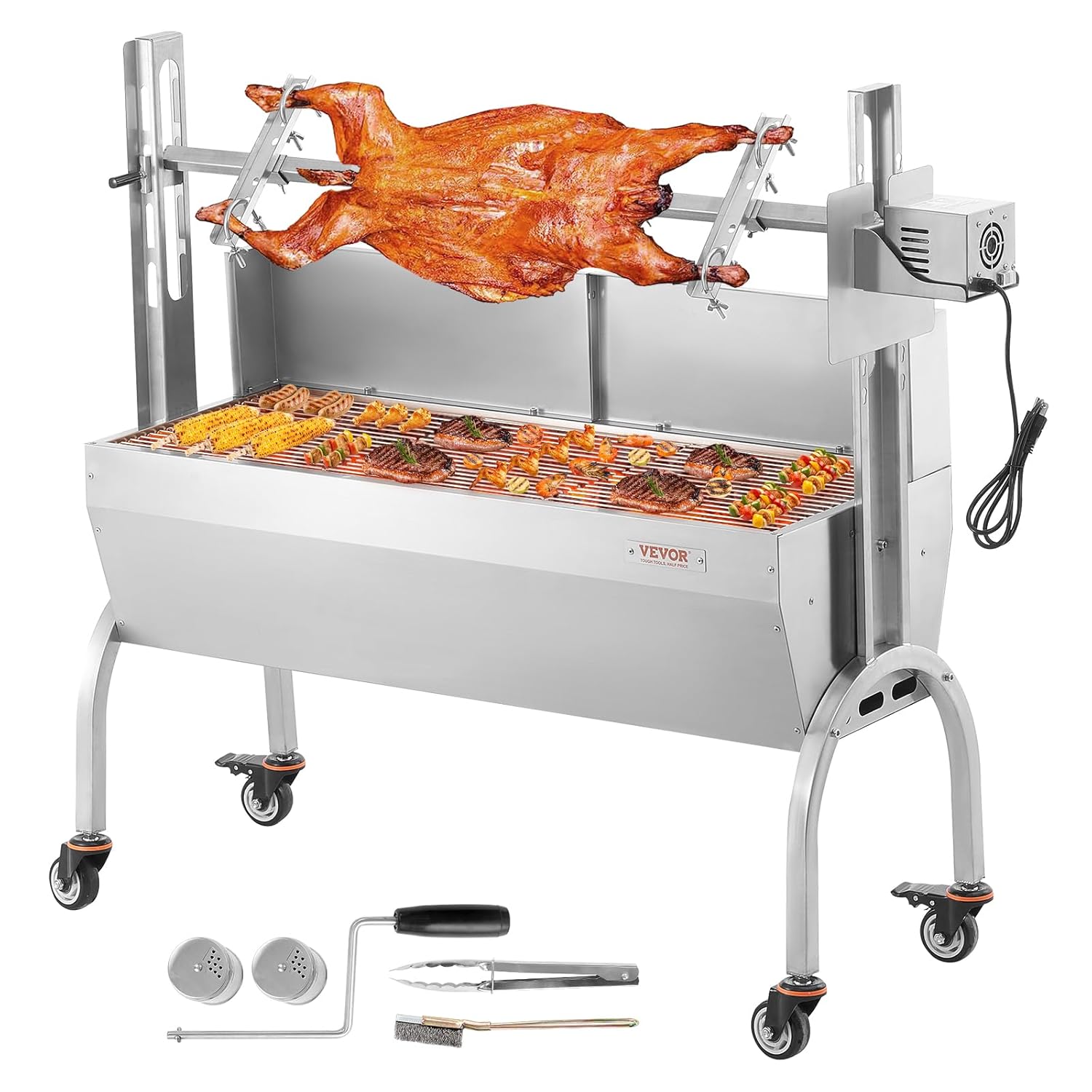 VEVOR Barbecue à Charbon avec Tournebroche Électrique 52 W Charge 90 kg, Rôtissoire Barbecue 118,5 cm, en Inox, avec Pare-Brise et Roues Verrouillables, pour Rôtir Agneau Porcelet Poulet Camping