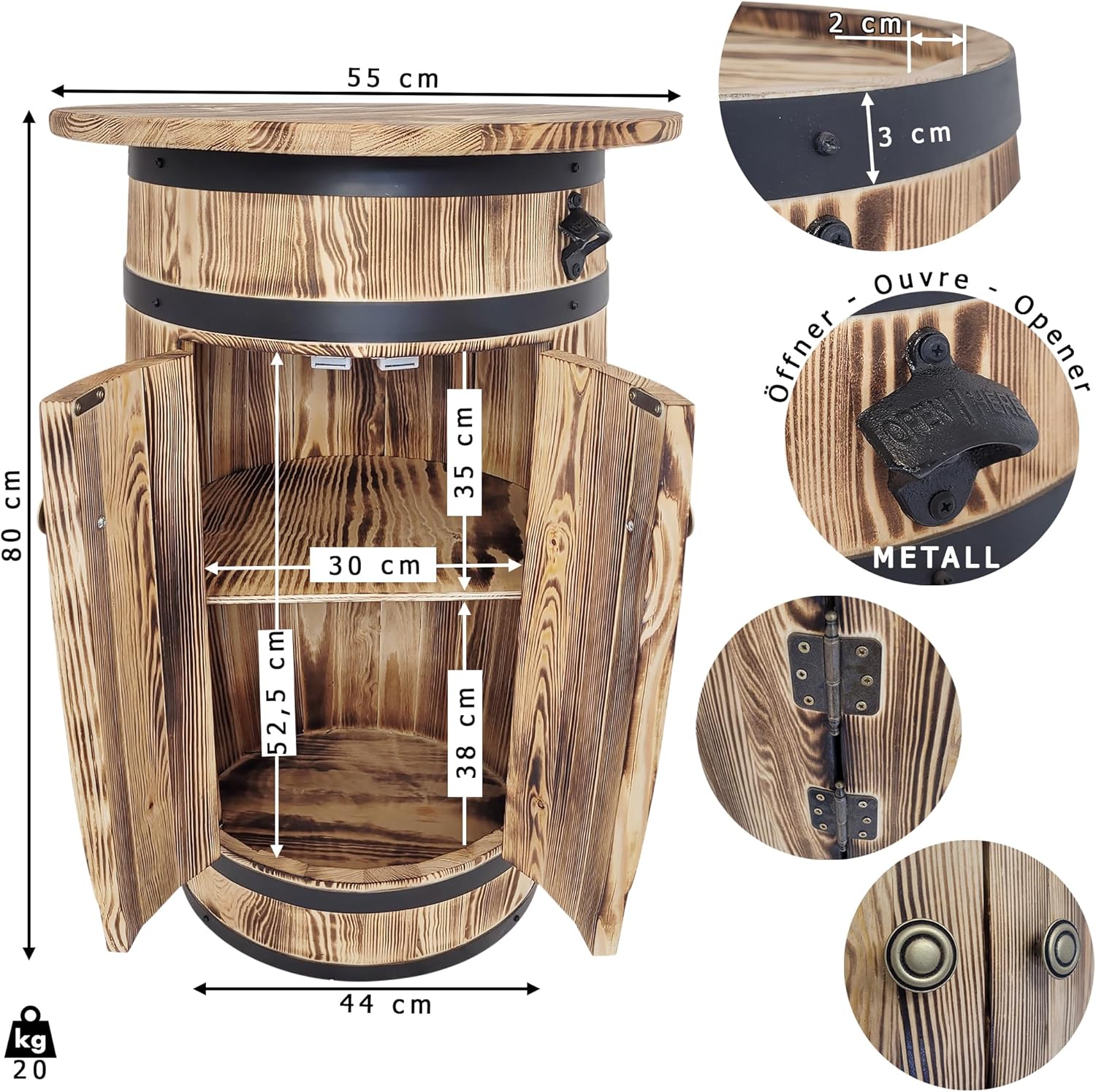 weeco Baril en bois avec étagères et portes pour ranger l'alcool - Meuble de bar avec grande surface de rangement pour 30 à 40 bouteilles - Casier à vin - 80 x 55 x 44 cm - Marron clair – Image 3
