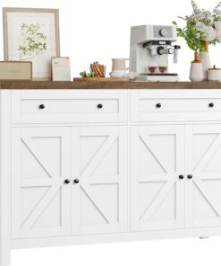 HOCSOK Buffet, 140 cm Meuble Cuisine avec Etagères Réglables, Buffet Salle a Manger avec 2 Tiroirs 4 Portes, Meuble de Rangement pour Salon, Cuisine, Couloir, Blanc