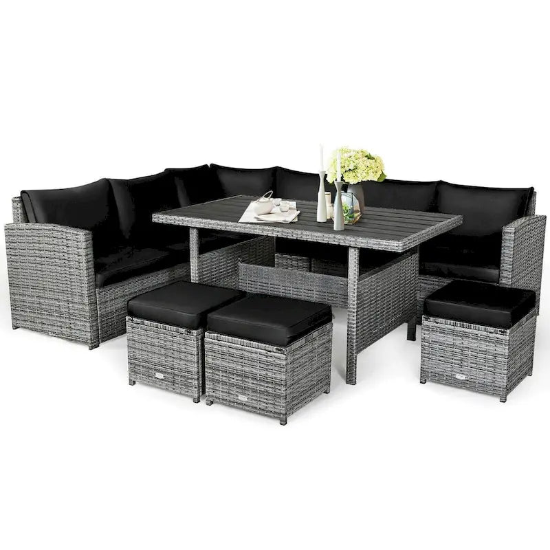 7 Pcs All-Weather Patio Rattan Dining Furniture Sectional Sofa Set with Wicker Ottoman and Cushed Couch – Image 12