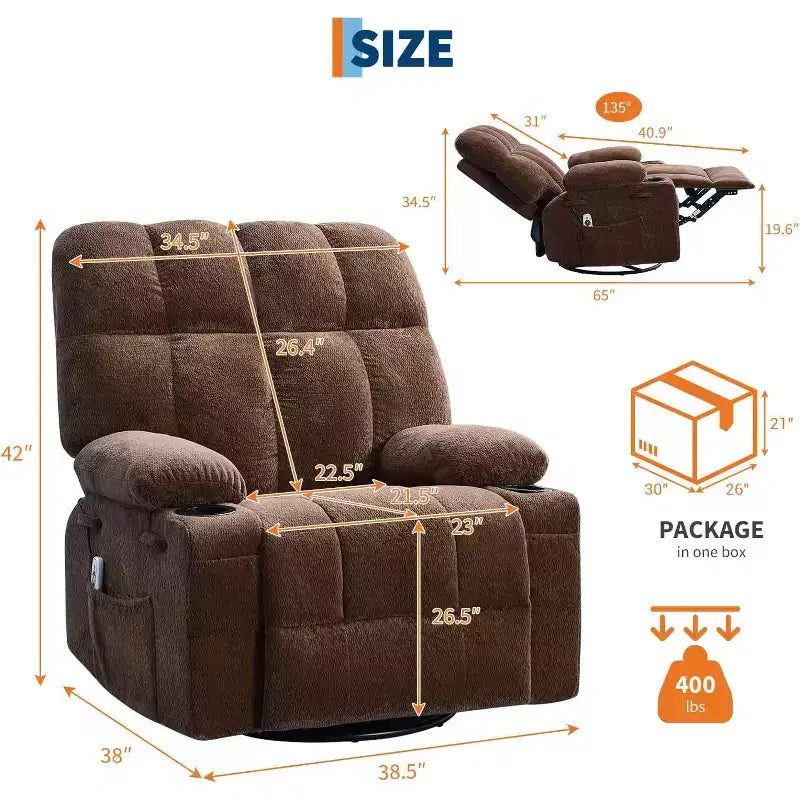 Oversized Recliner Chair for Adults, Manual Swivel Rocker Sofa, Side Pockets & Cup Holders for Big and Tall Persons, Living Room – Image 35