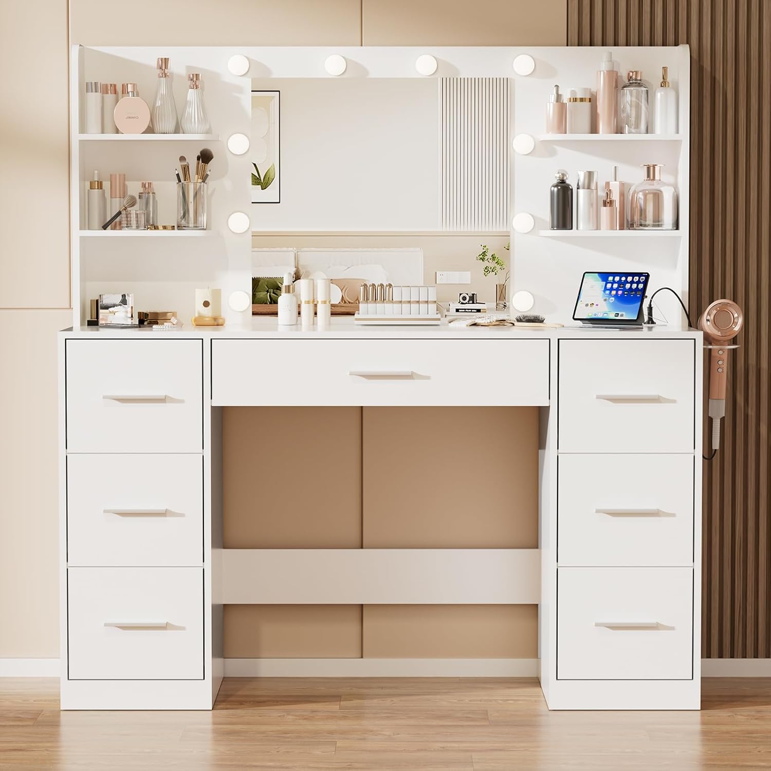 JUMMICO Coiffeuse avec Miroir et Prise, 10 Ampoules LED à 3 Modes de Lumière, Table de Maquillage avec Rangement, 7 Tiroirs, 4 Étagères, Support pour Sèche-Cheveux, Meuble Moderne de Chambre Blanc