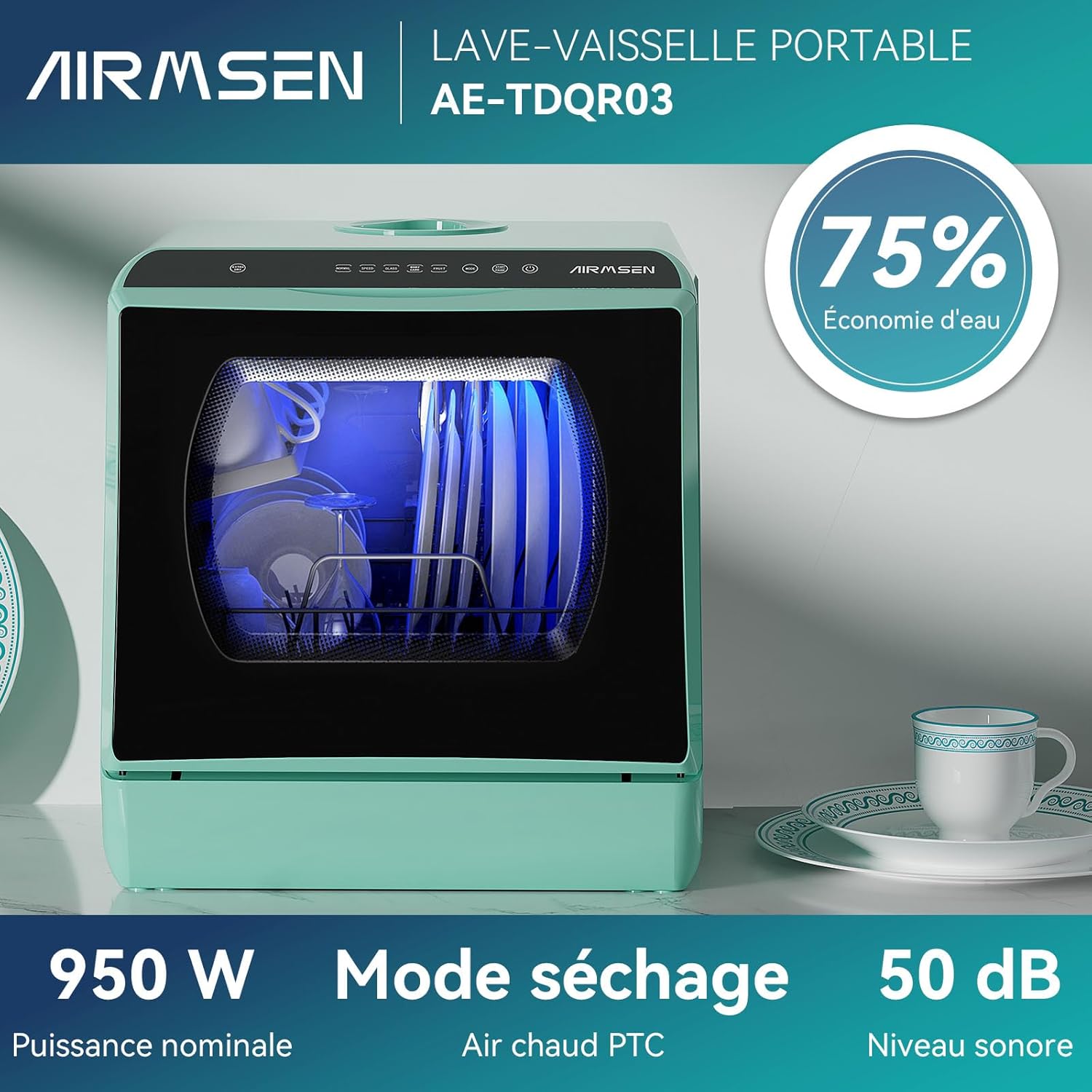 AIRMSEN Mini Lave-Vaisselle de Comptoir, 5+1 Programmes, Réservoir d'Eau de 5L, Contrôle Tactile et Écran LED, Adapté pour les Cuisines Familiales, Appartements et Dortoirs, Vert – Image 5