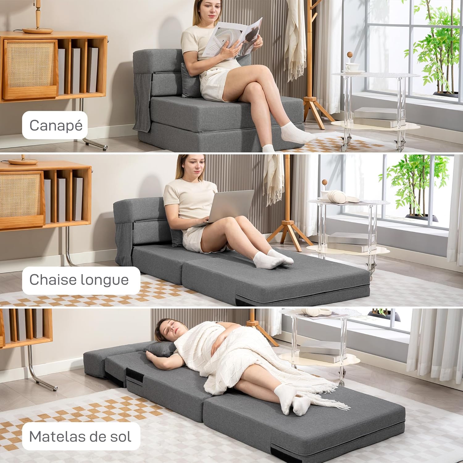 HOMCOM Fauteuil Convertible 1 Place 3 en 1, Fauteuil lit Pliant, chauffeuse 1 Place en Lin avec Large Assise, Coussin Inclus, Matelas Pliable 210 cm pour invités, Salon, Petit Espace, Gris – Image 4