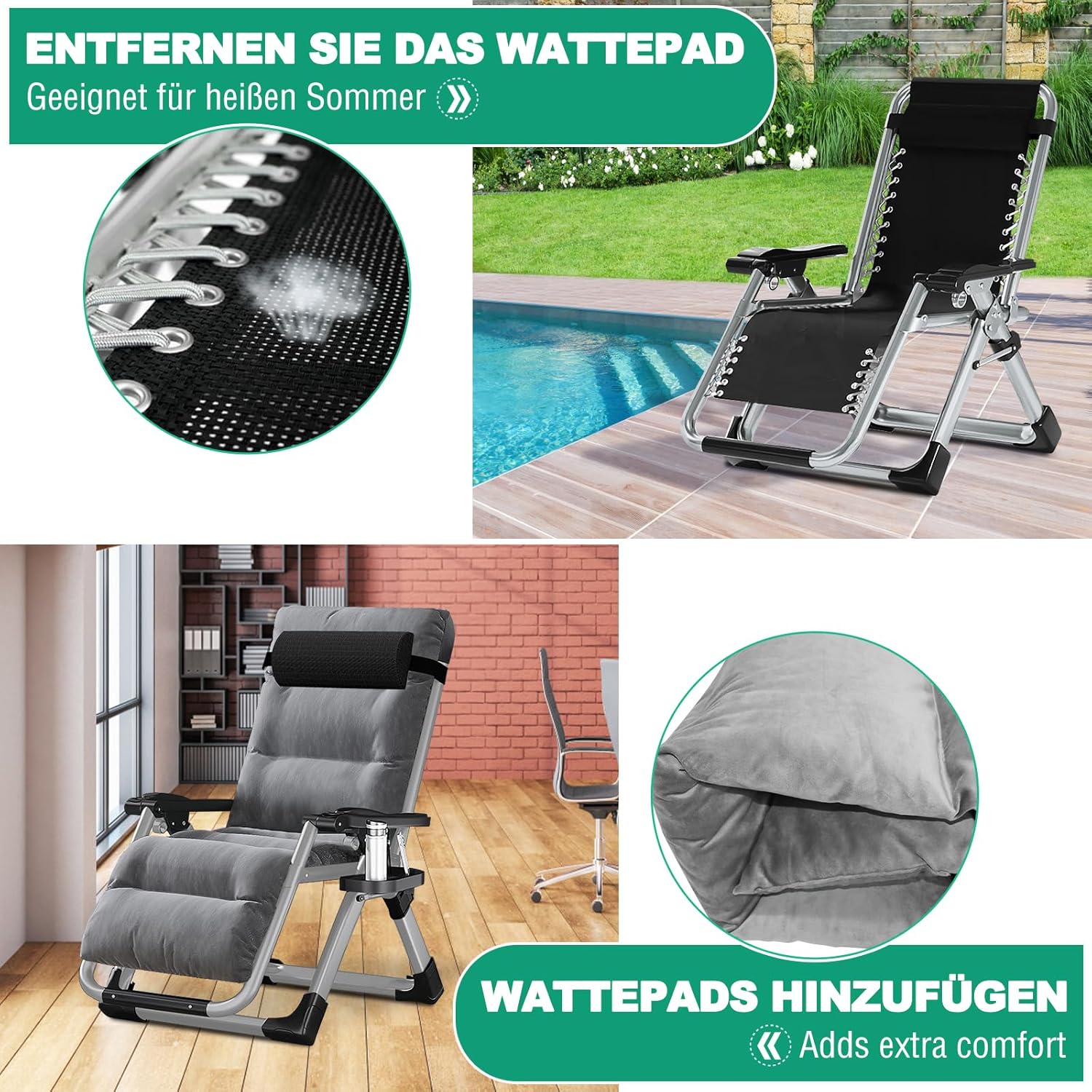 Chaise longue pliable, chaise de terrasse, capacité de charge 200 kg, chaise zéro gravité avec coussin de soutien, porte-boissons, chaise longue de jardin extra large réglable pour patio – Image 3