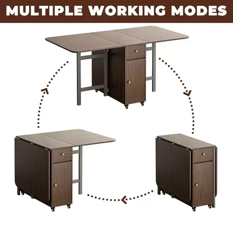 ATJafurn 59'' Foldable Dining Table with Drop Leaves for Small Space, Rectangular Wooden Extendable kitchen Table with Wheels and Storage – Image 6