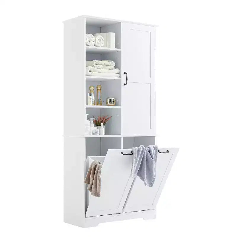Bathroom Storage Cabinet with Doors and Drawers Tilt-Out Laundry Hamper Multiple Storage Space Freestanding Style – Image 14