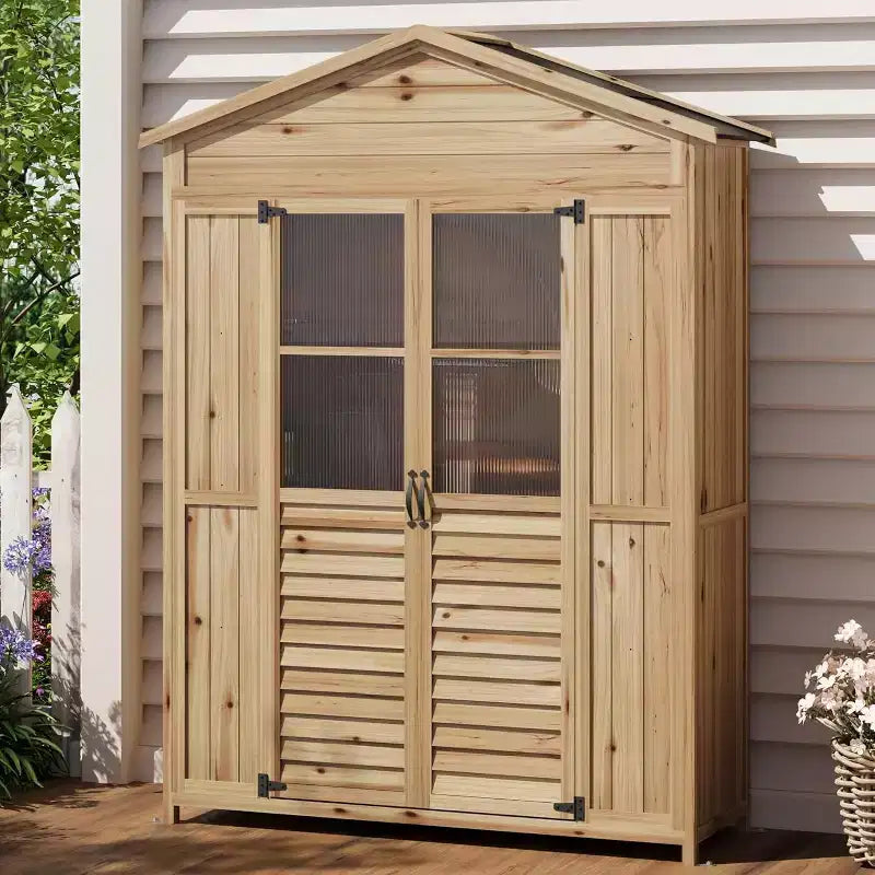 Weather-Resistant Wooden Patio Cabinet Fir Wood with Waterproof Roof, 6 Adjustable Shelves, Stakes & Anti-Falling Kits Ideal for Garden Tools – Image 5
