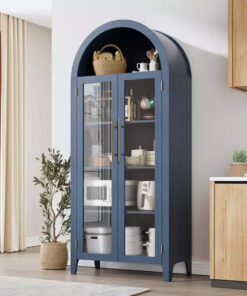 Tall Arched Storage Cabinet with Glass Doors, 5-Tier Display Bookcase with Adjustable Shelves for Kitchen or Living Room
