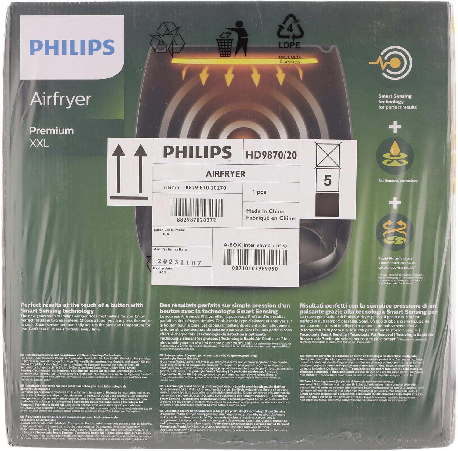 Philips Premium XXL Airfryer sans huile, Smart Sensing, 2225 W, technologie d'élimination des graisses, Rapid Air, 43,3 x 32,1 x 31,5 cm, Plastique, blanc, HD9870/20 – Image 10
