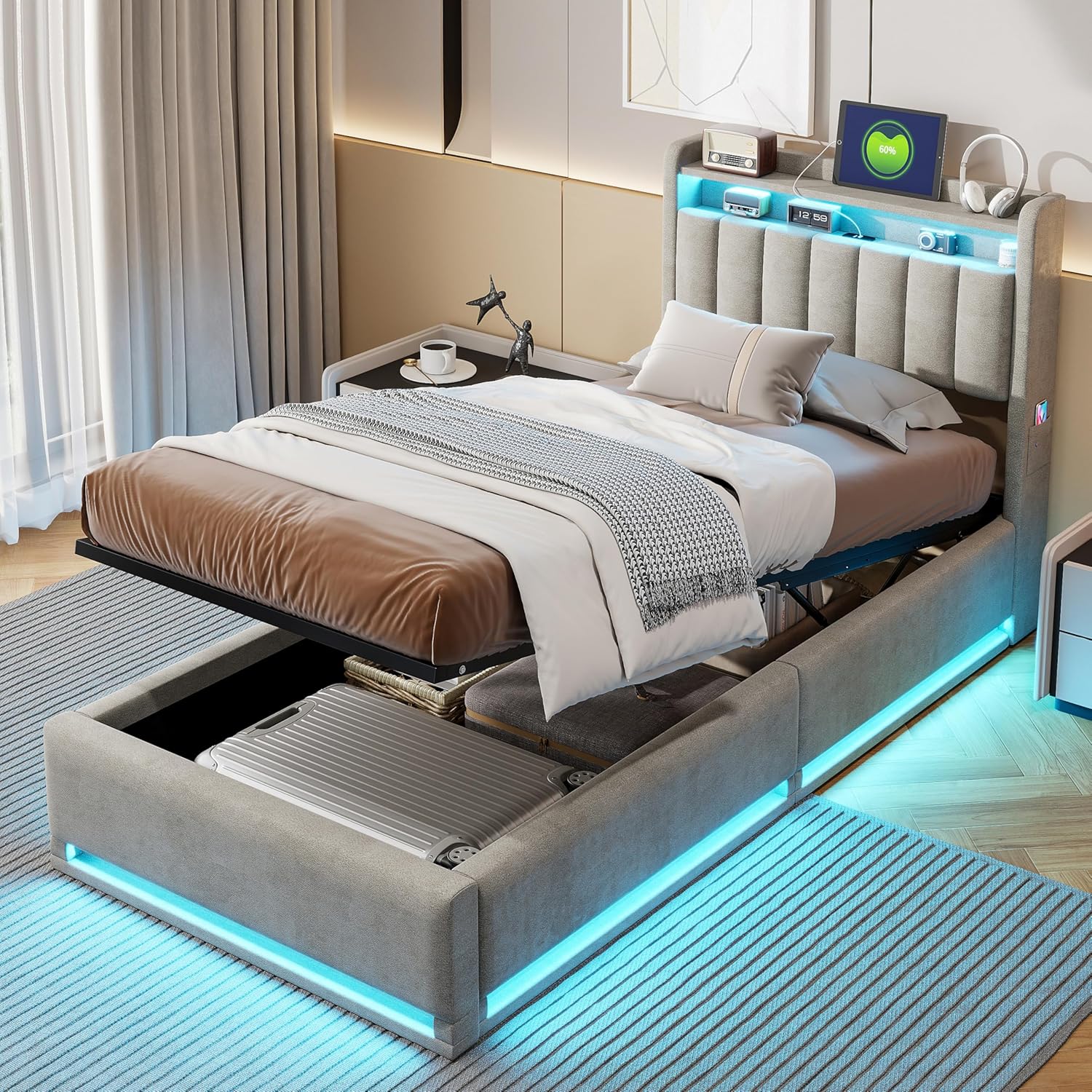 Lit Coffre 90x200 cm avec LED et Ports USB,Tête de Lits avec Rangement,Lit Double avec Sommier à Lattes, Facile à Assembler,pour Adultes et Adolescents,Velours (Gris, 90x200 cm) – Image 6